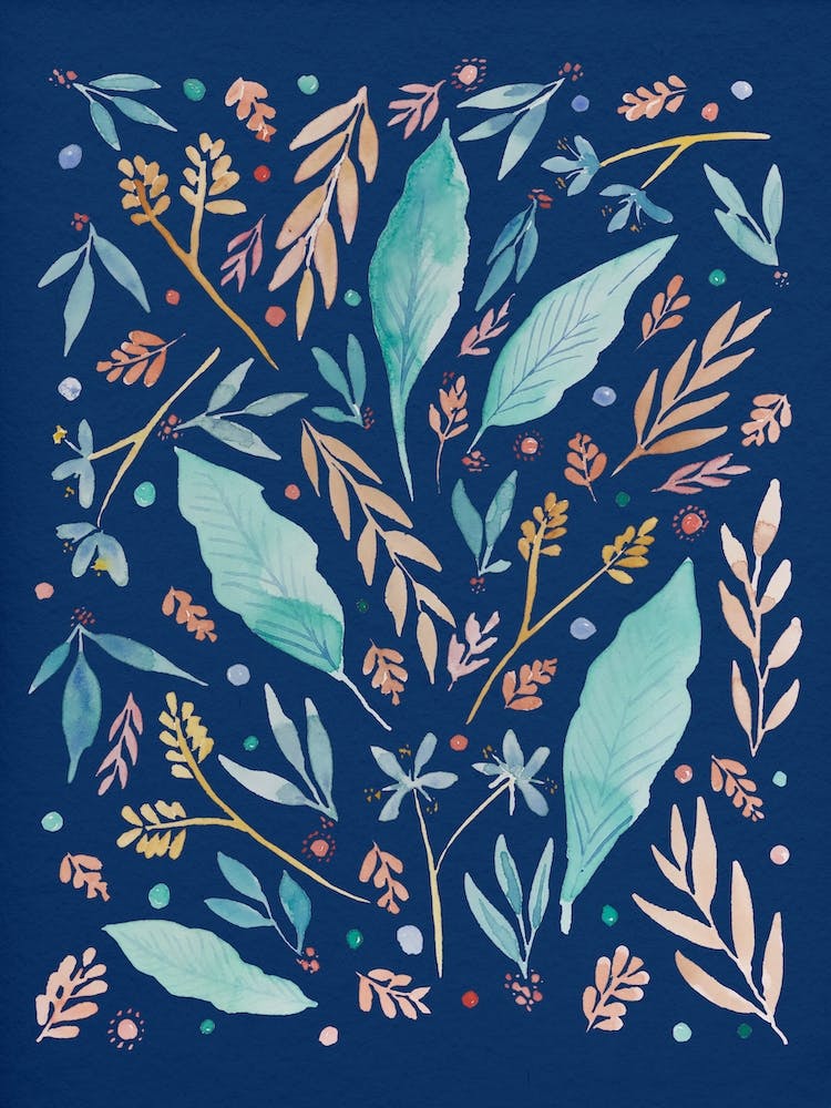 Navy Watercolour Florals And Leaves