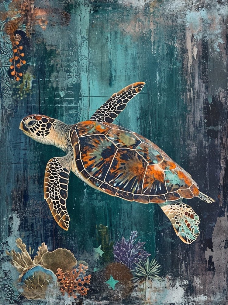 Blue Sea Turtle Exploring The Ocean Collage 2