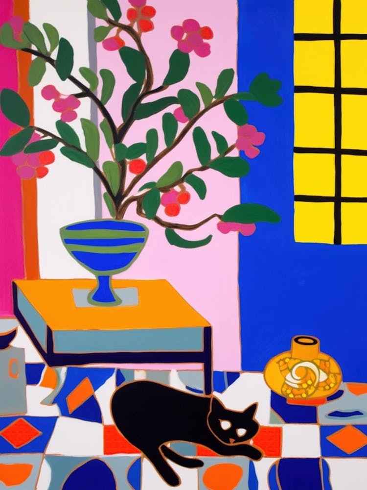 A Painting Of A Still Life Of A Freesia With A Cat In The Style Of Matisse 2