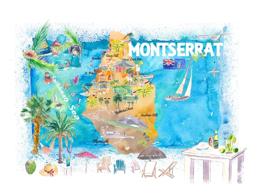 Montserrat Westindische Inseln Illustrierte Reisekarte mit Straßen und Highlights
