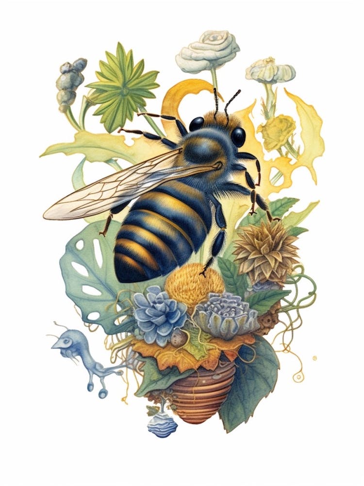 Blue Eyed Sweat Bee Beehive Watercolour Illustration 1