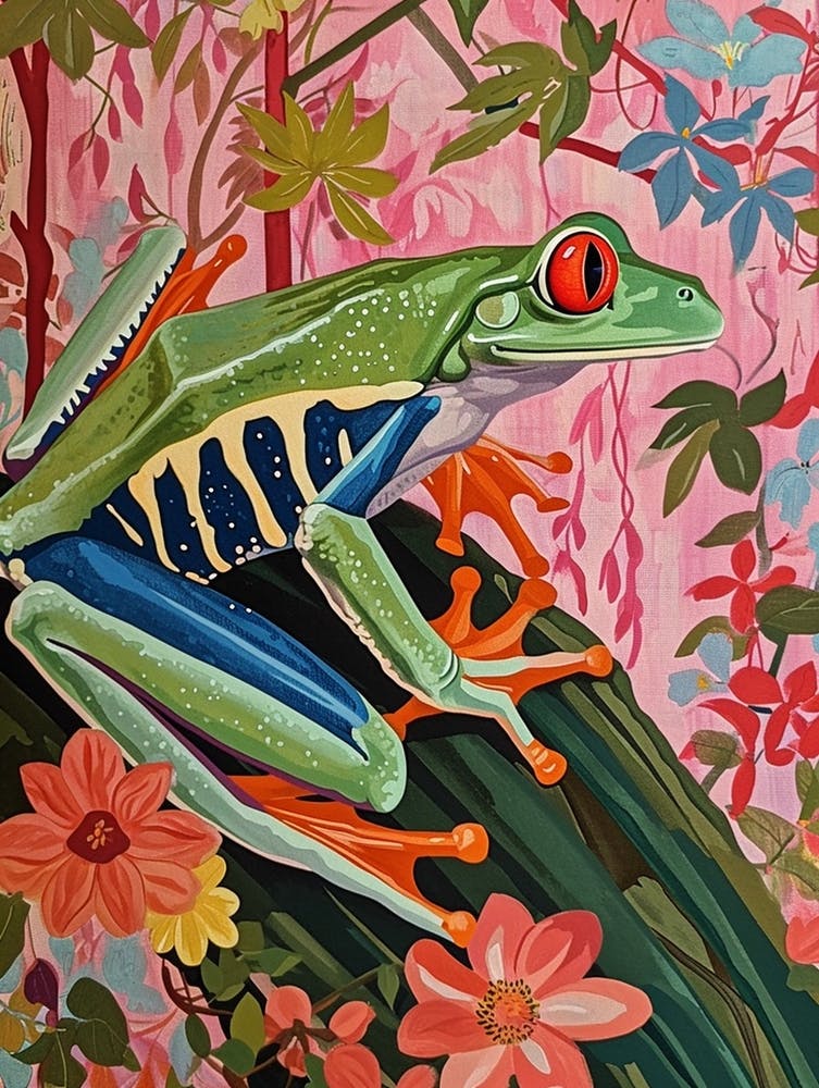 Floral Animal Painting Red Eyed Tree Frog 1