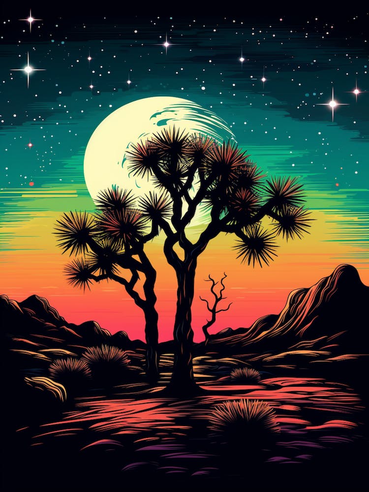 Joshua Tree With Starry Sky At Night In Retro Illustration Style (1)