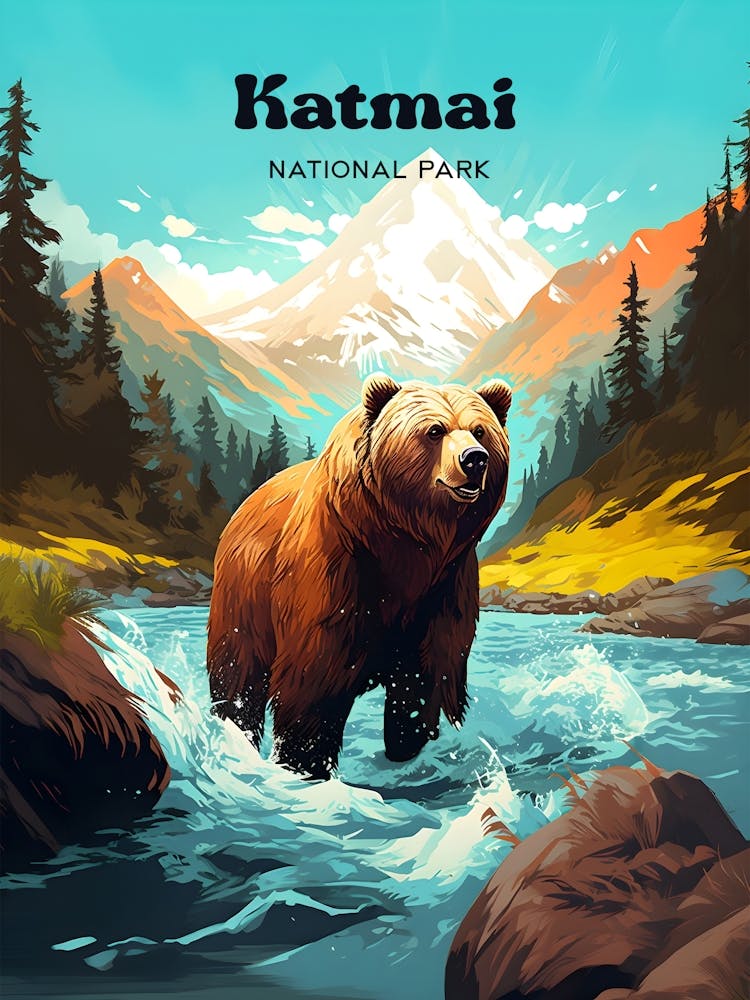 Katmai National Park Alaska Wildlife Modern Travel Illustration