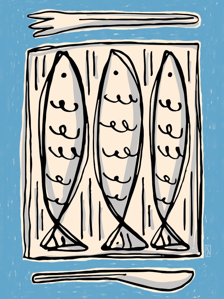 Sardines art print, Fish minimalist retro poster, Modern kitchen decor