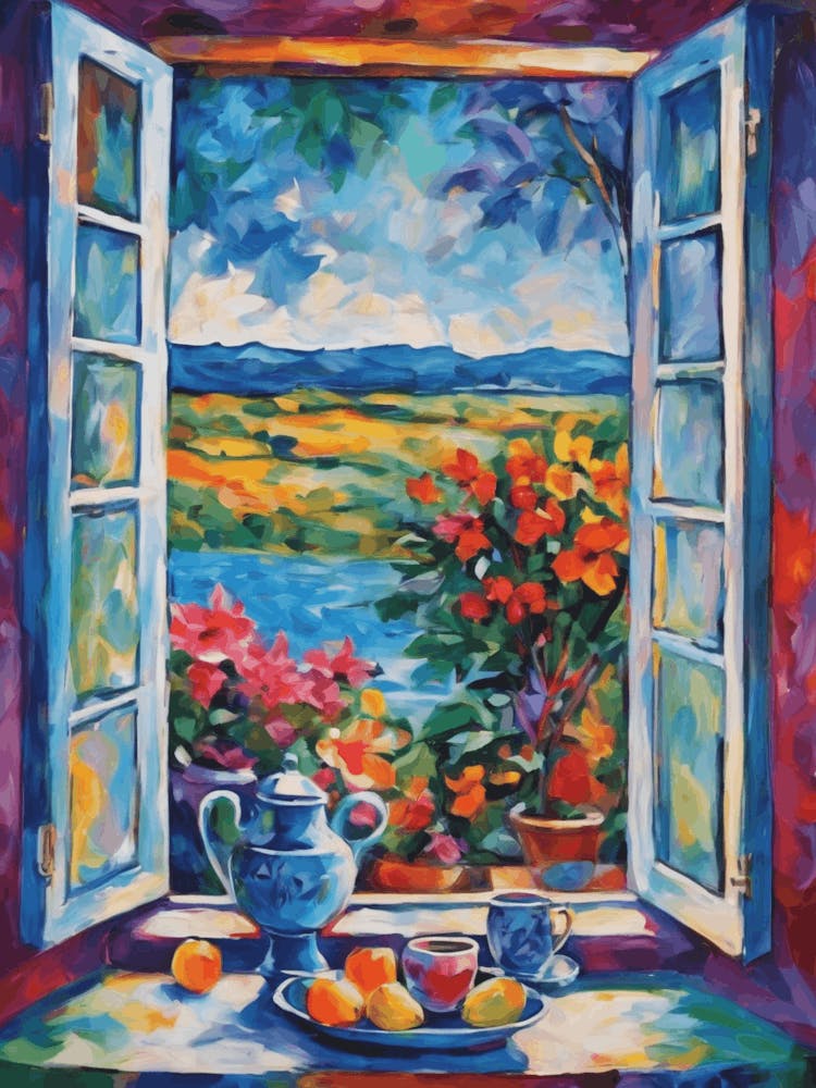 Matisse Inspired Open Window by the Sea in the Countryside with Fruit Flowers Vibrant Rainbow of Colors Depicting Happiness Sunset Blue Sky Beauty Abstract HD Impressionism Mid Century High Resolution