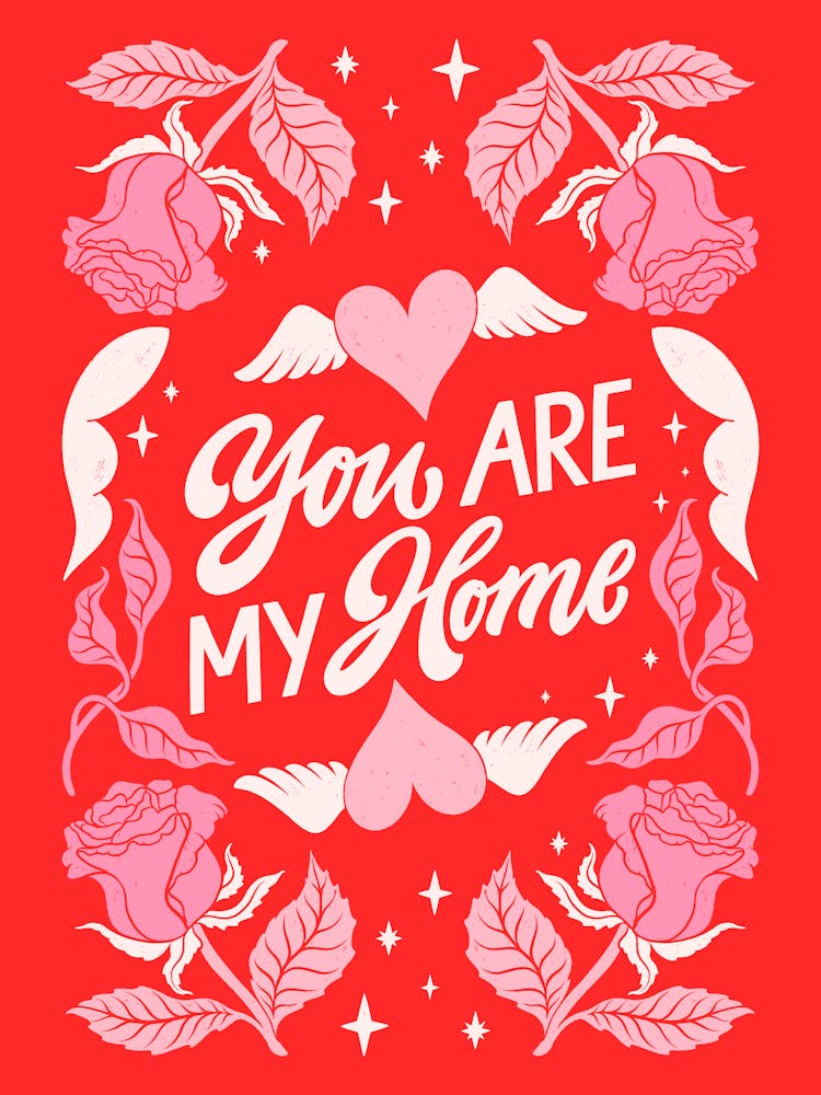 You Are My Home Poster - Romantic Love Quote Wall Art with Roses and Hearts