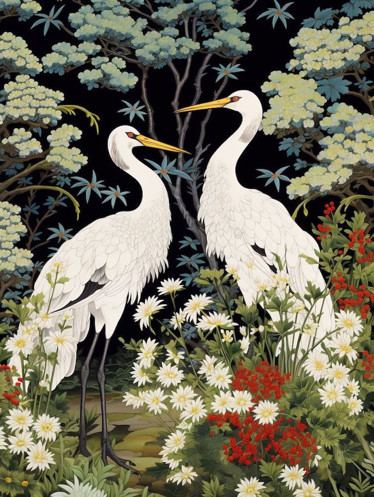 Green And White Cranes 2 Vintage Japanese Botanical