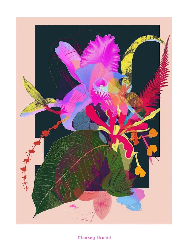 Monkey Orchid 2 Neon Flower Collage Poster