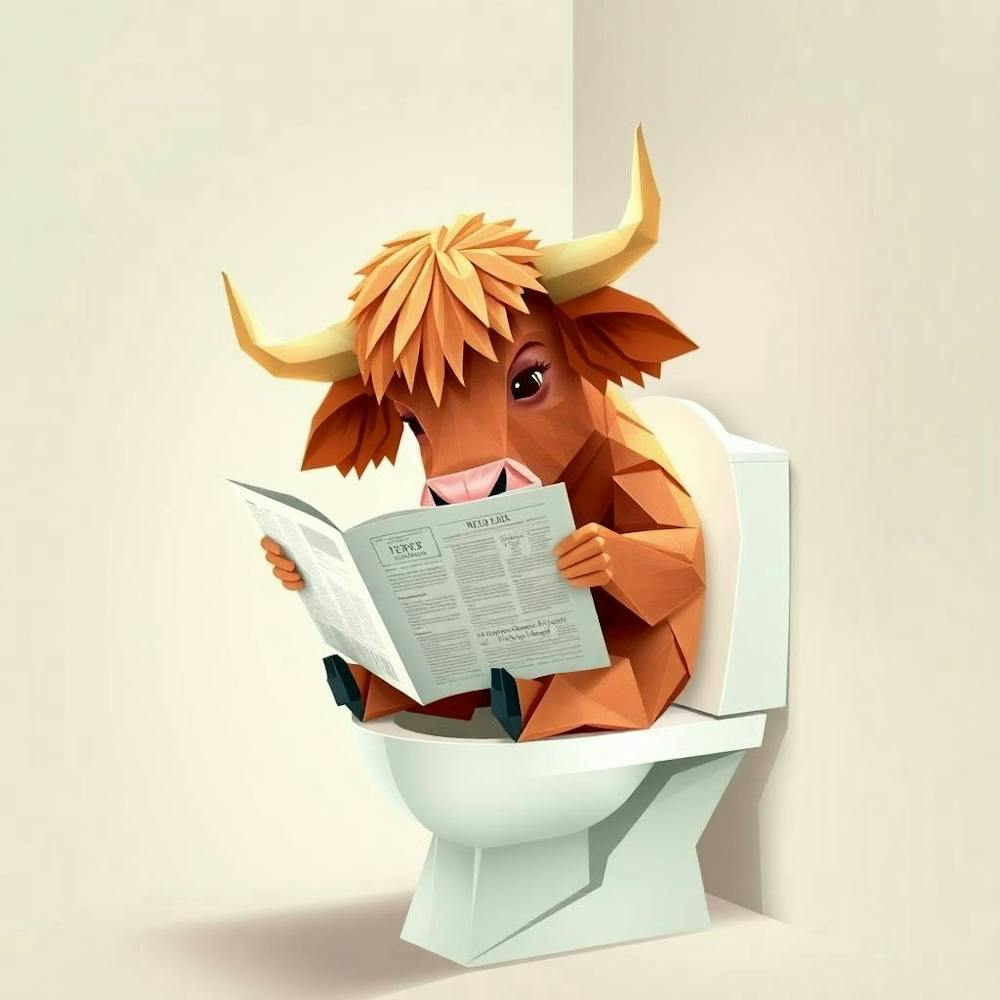 An Intricate Origami Style Illustration Of A Highland Cow Reading A Newspaper On A Toile