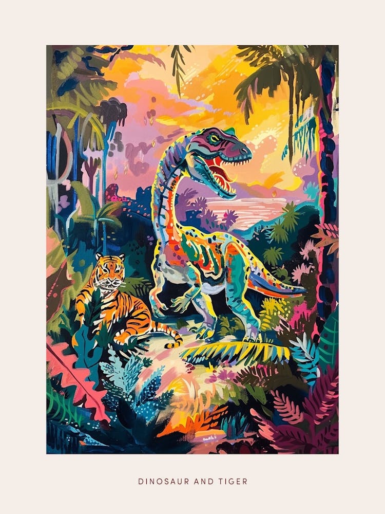 Colourful Tiger & Dinosaur In The Jungle Painting Poster