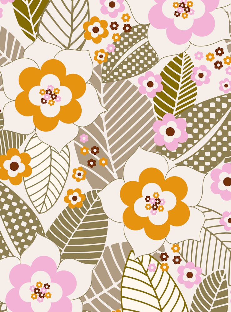 Modern retro flowers and patternd leaves