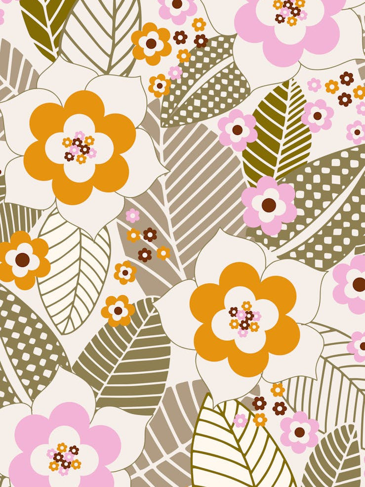 Modern retro flowers and patternd leaves