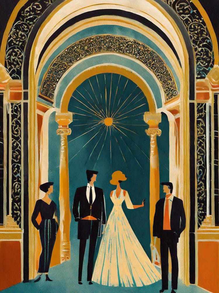 1920er Jahre Art-Déco-Szene mit eleganten Figuren und Architektur