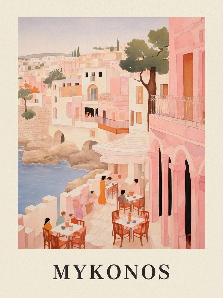 Mykonos Greece 3 Vintage Pink Travel Illustration Poster