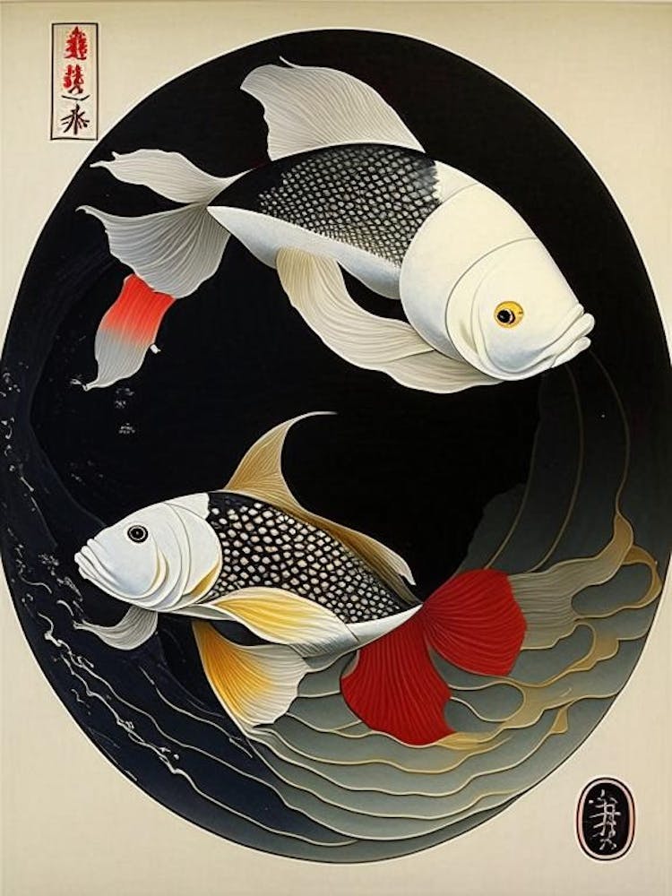Fish Yin and Yang 3, Japanese Ukiyo E Style