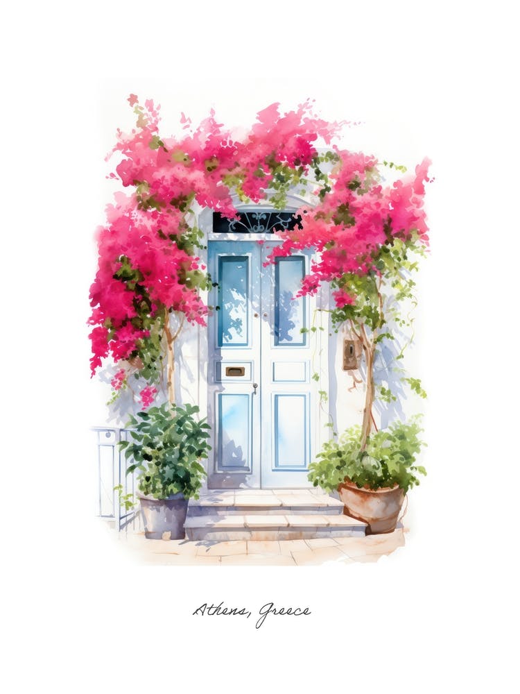 Athens, Greece   Mediterranean Doors Watercolour Painting 2 Poster
