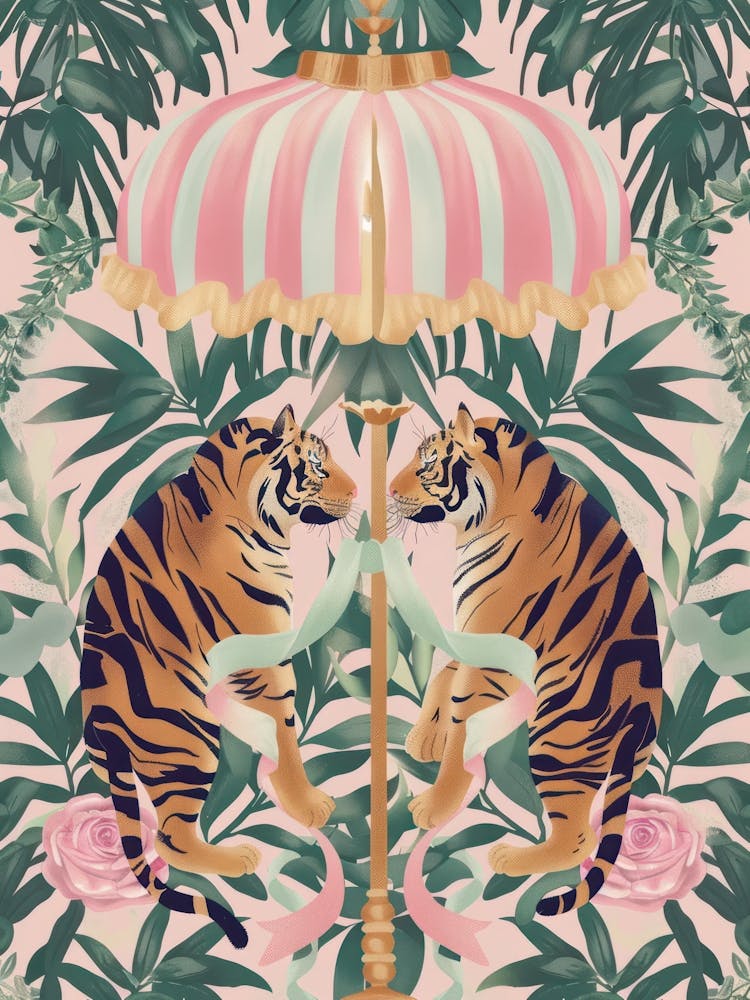 Tigers Bows Print Retro Cute Animal Botanical Tropical