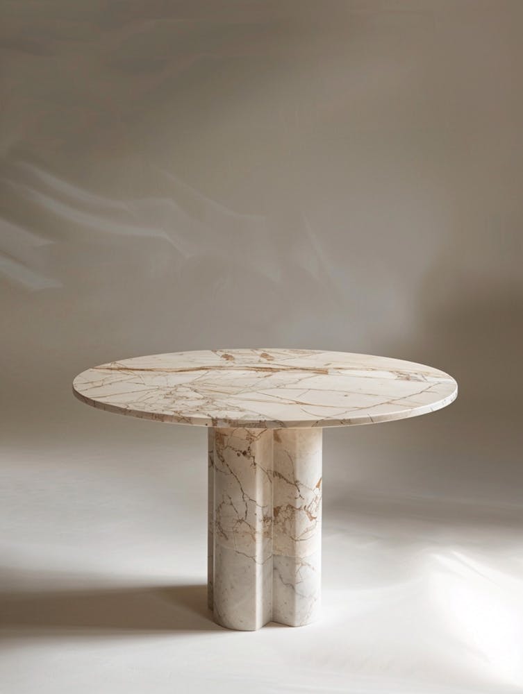 Marble Table, Circular Top With A Small Relief Pattern On The Edge Of The Tabletop, Cream Colored Marble, High End Feel, Minimalist Style, Standing In Front Of It Is An Ailin Meite Logo In The Style Of Product Photography, Front View