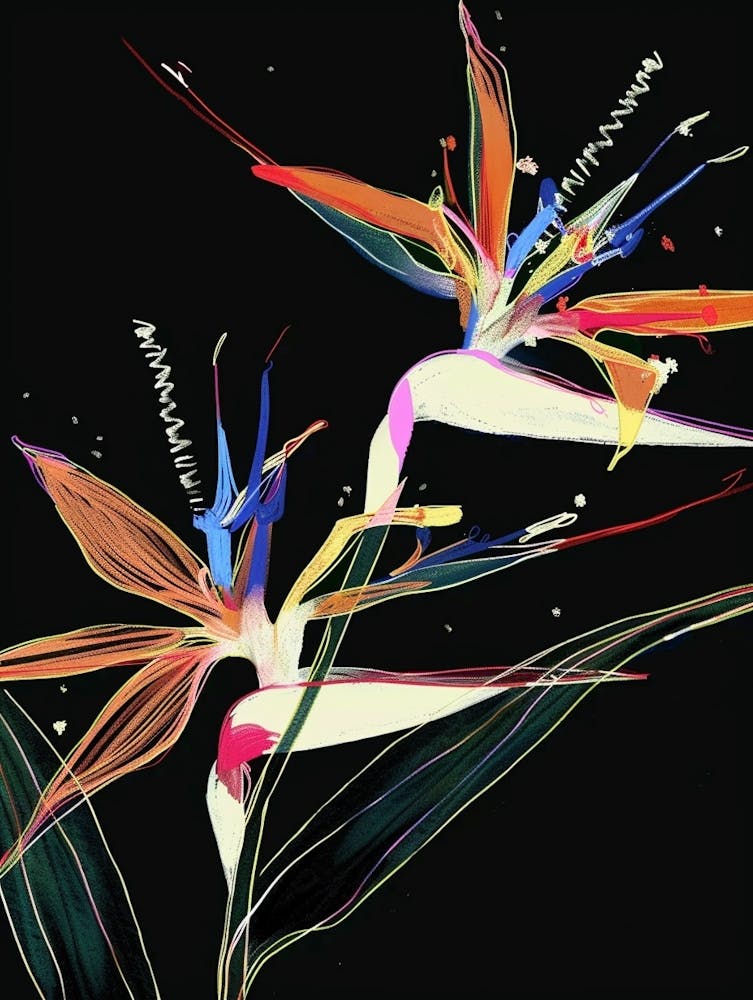 Neon Flowers On Black Bird Of Paradise 1