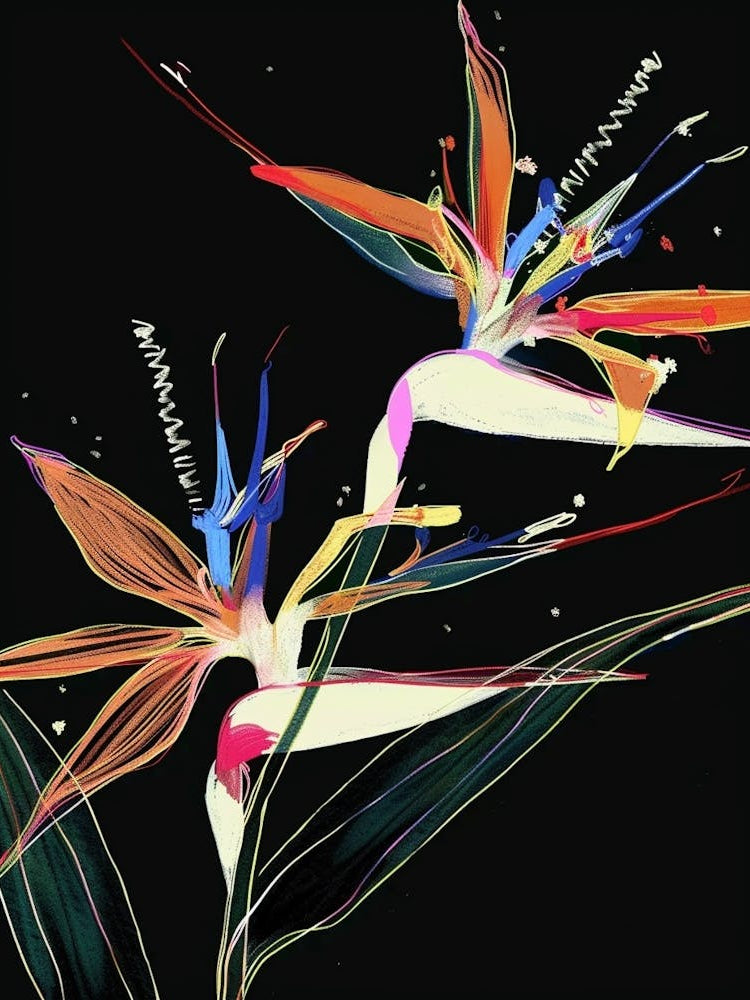 Neon Flowers On Black Bird Of Paradise 1