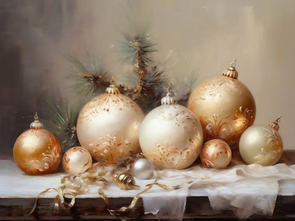 Christmas Tree Gold Ornaments Painting, Muted Neutral Christmas Still Life, Rustic Winter Oil Painting, Vintage Christmas Printable Wall Art