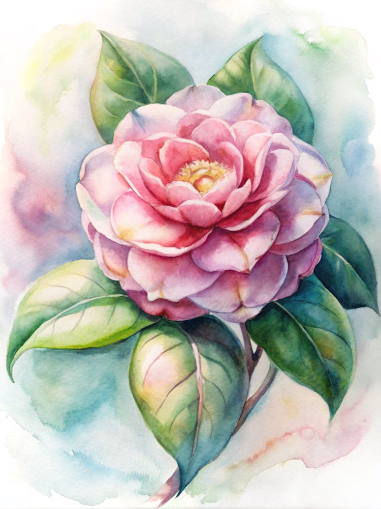 Pink Camellia Watercolor Painting