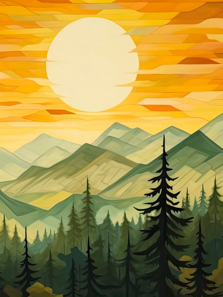 Green Sun Forest Mountain Painting Triptych 2