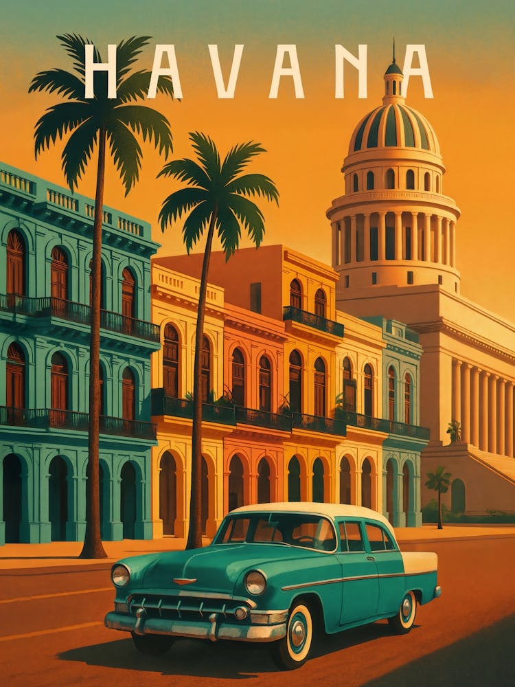 Havana Travel Poster – Vintage Cars and Sunset Streets: Capture the exotic charm of Havana with this retro travel poster. Featuring vintage cars, the Capitol, palm trees, and warm sunset tones, it blends Caribbean flair with old-town architecture – perfect for fans of Cuba, vibrant culture, and tropical tourism.