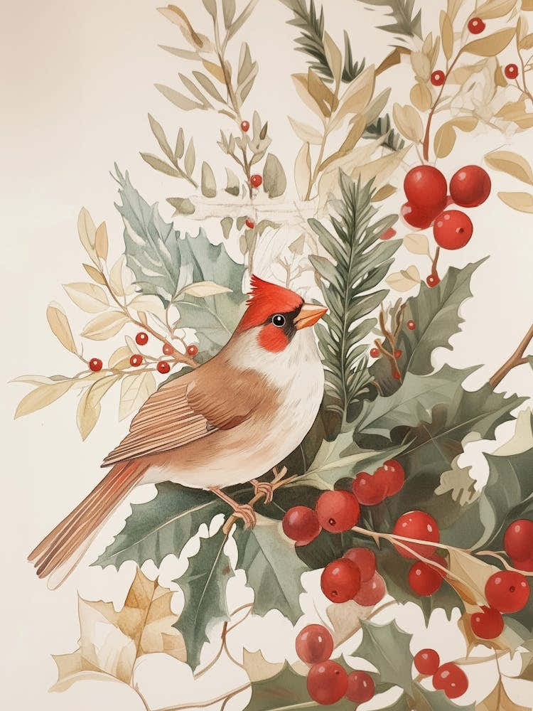 Cardinal Bird On Holly Plants