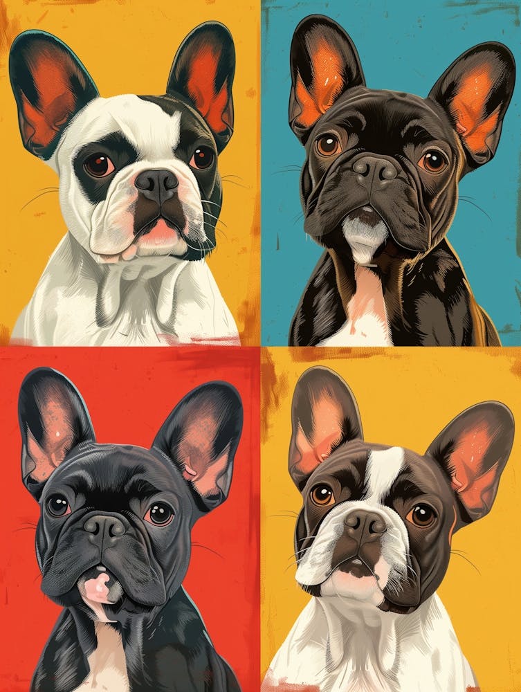 Fluffy Cartoon French Bulldogs Drawing, White Background In Different Color Squares