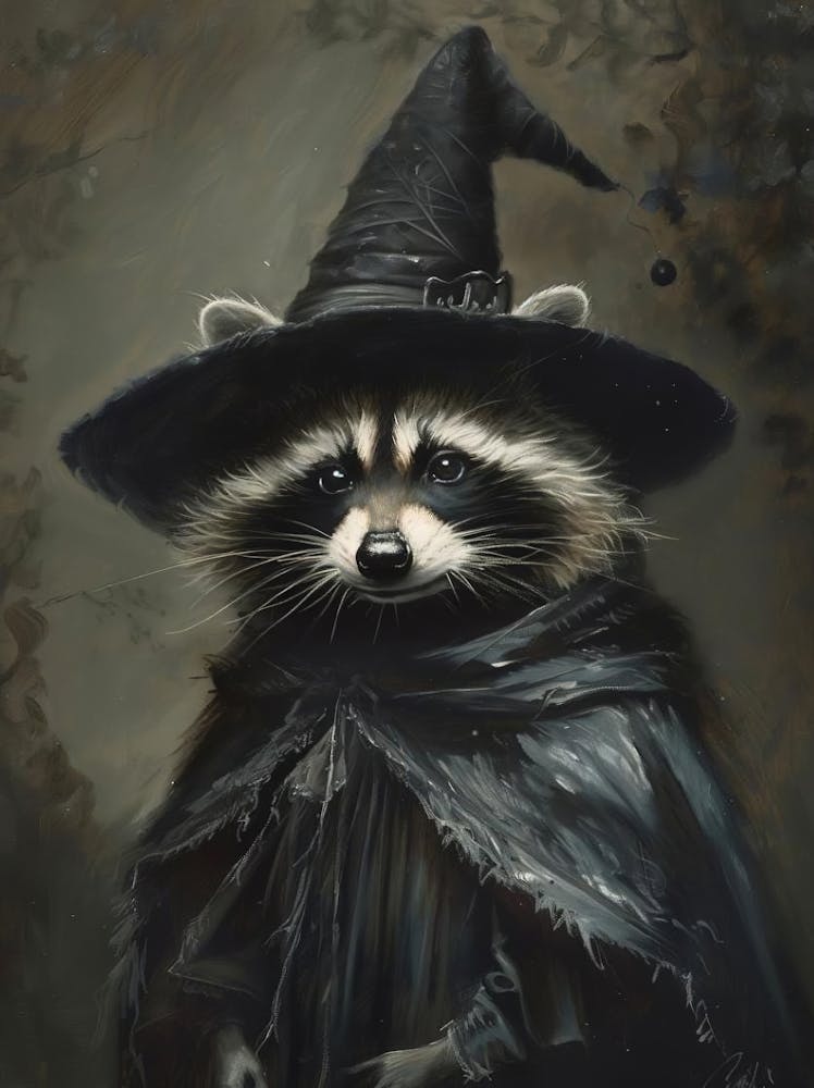Halloween Wall Art, Cute Witch Raccoon Vintage Paintings, Vintage Halloween Decor, Victorian Animal Portrait Printable, Animal Lover Gift