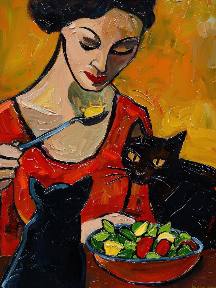 Portrait Of A Woman With Cats Eating A Salad  2