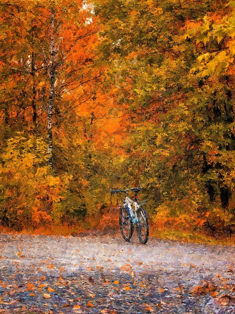 Autumn Forest And The Bike, Oil Painting