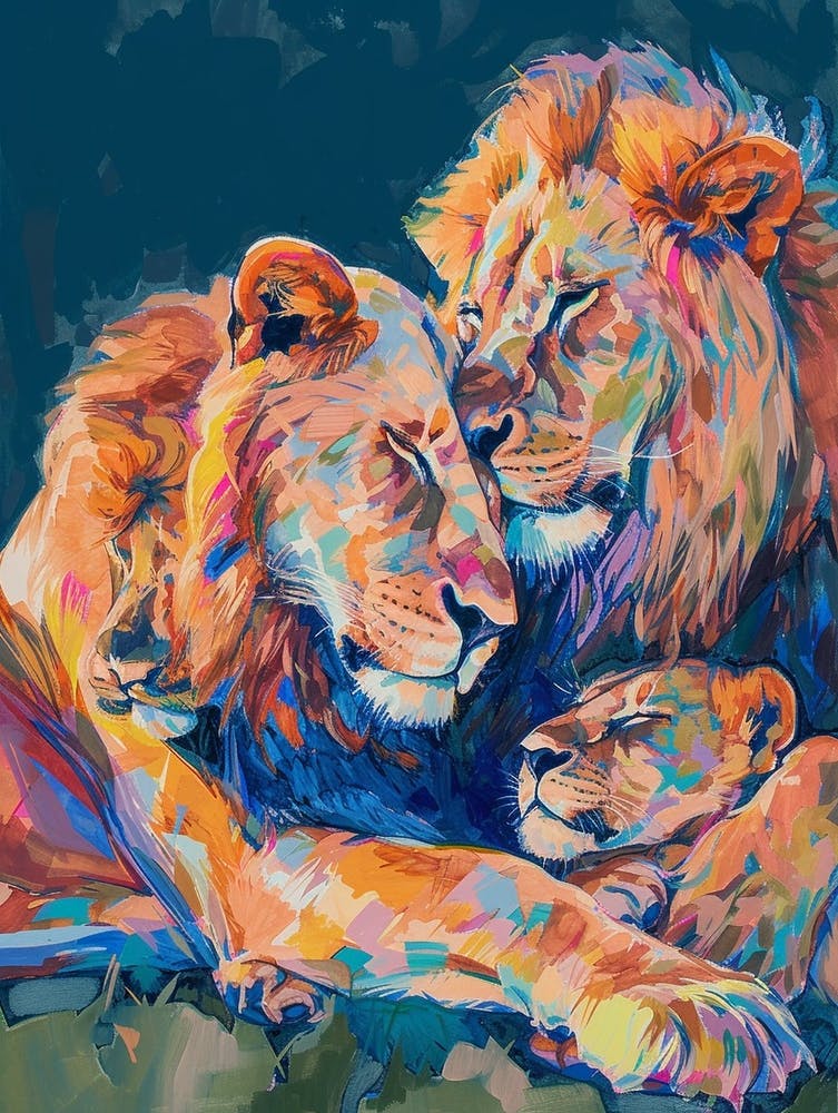 Transvaal Lion Family Bonding Fauvist Painting 1