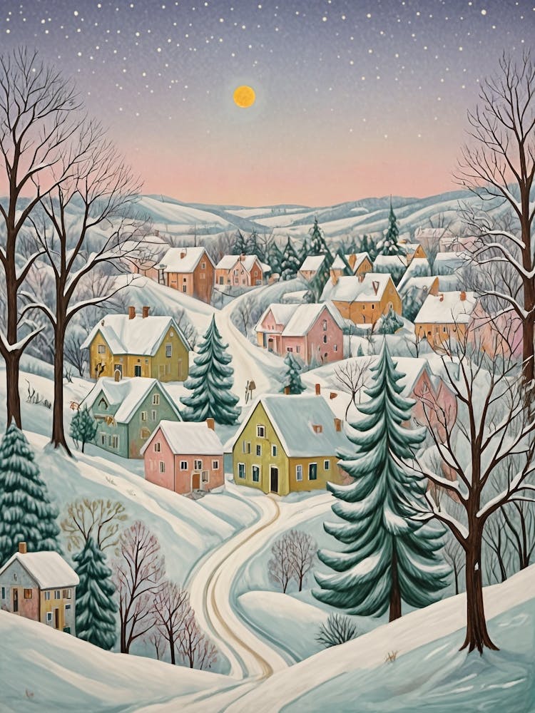 Pastel Winter Village Scene
