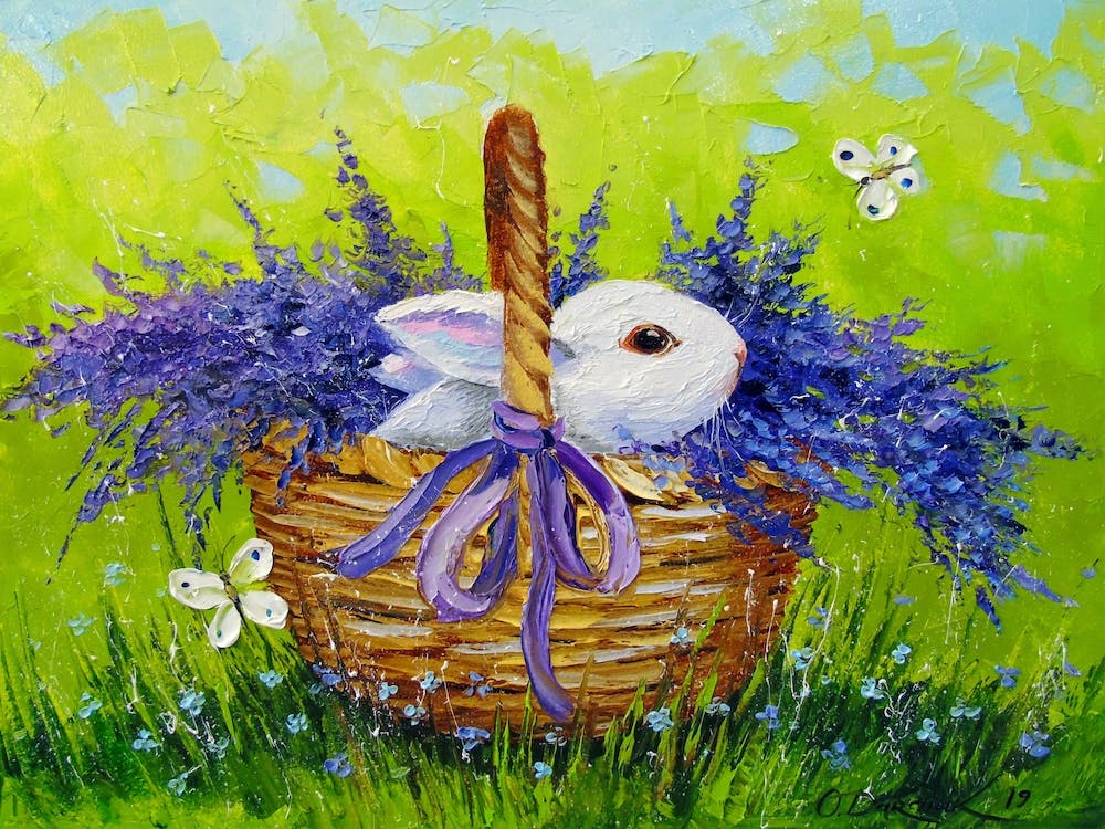 Rabbit in a basket with lavender