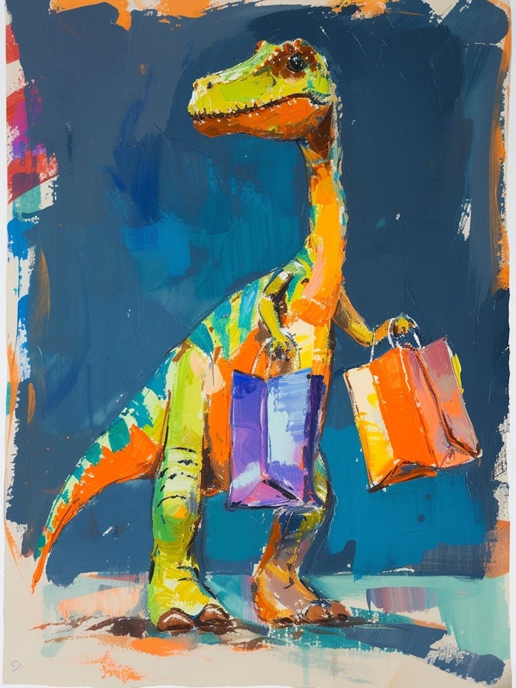 Dinosaur Shopping Orange Blue Brushstrokes  3