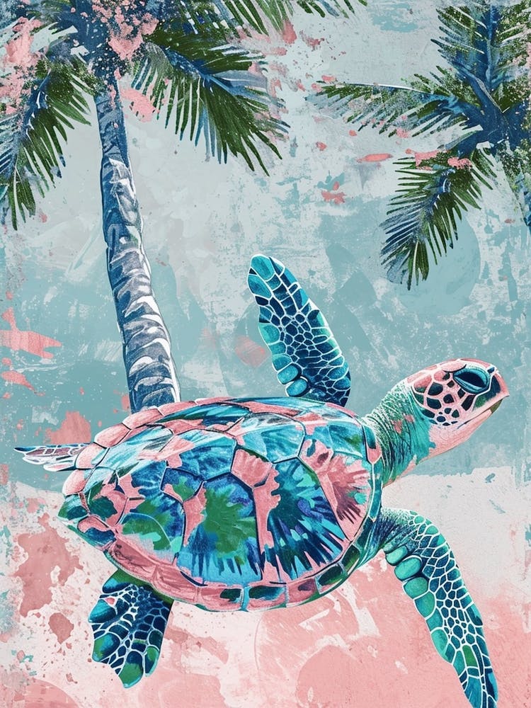 Pastel Sea Turtle & Palm Trees 2