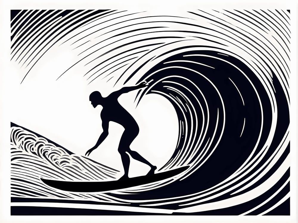 Linocut Black And White Surfer On A Wave art, surfing art, 269