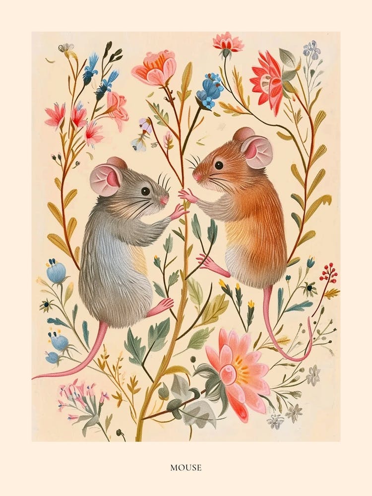 Folksy Floral Animal Drawing Mouse 1 Poster