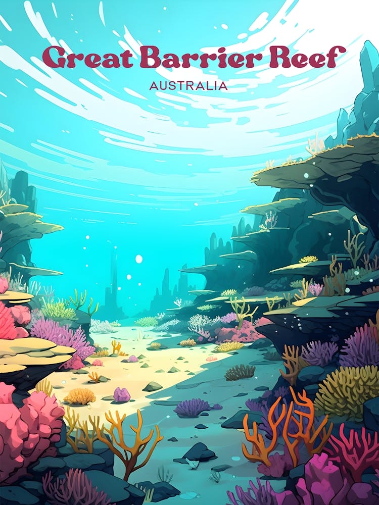 Great Barrier Reef Australia Underwater Travel Art Illustration