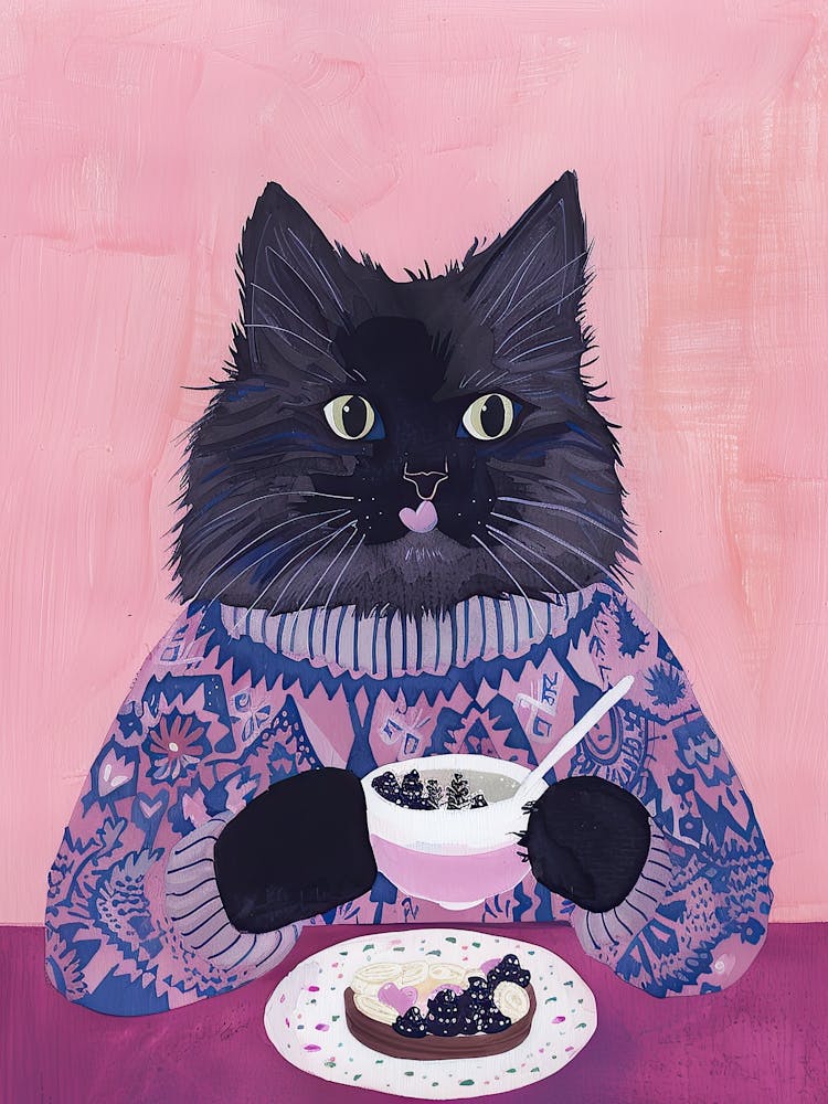 Grey Cat Having Breakfast Folk Illustration 4