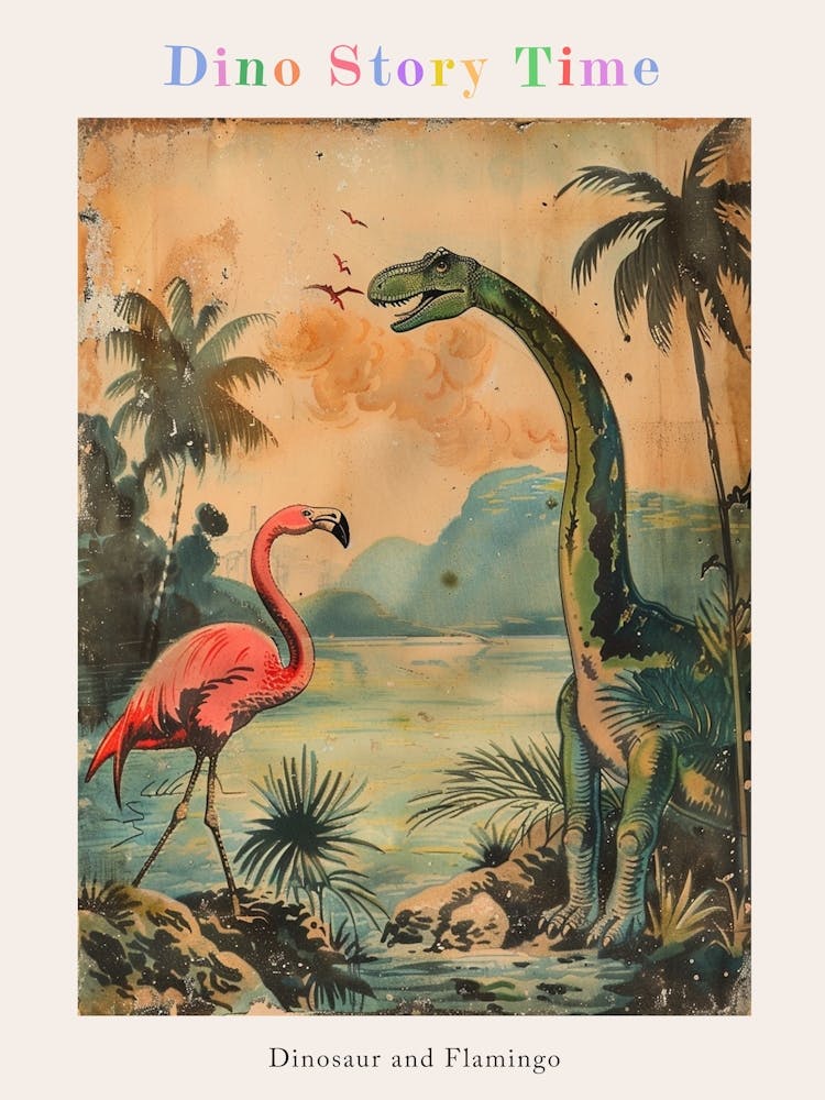 Vintage Flamingo & Dinosaurier Illustration Poster