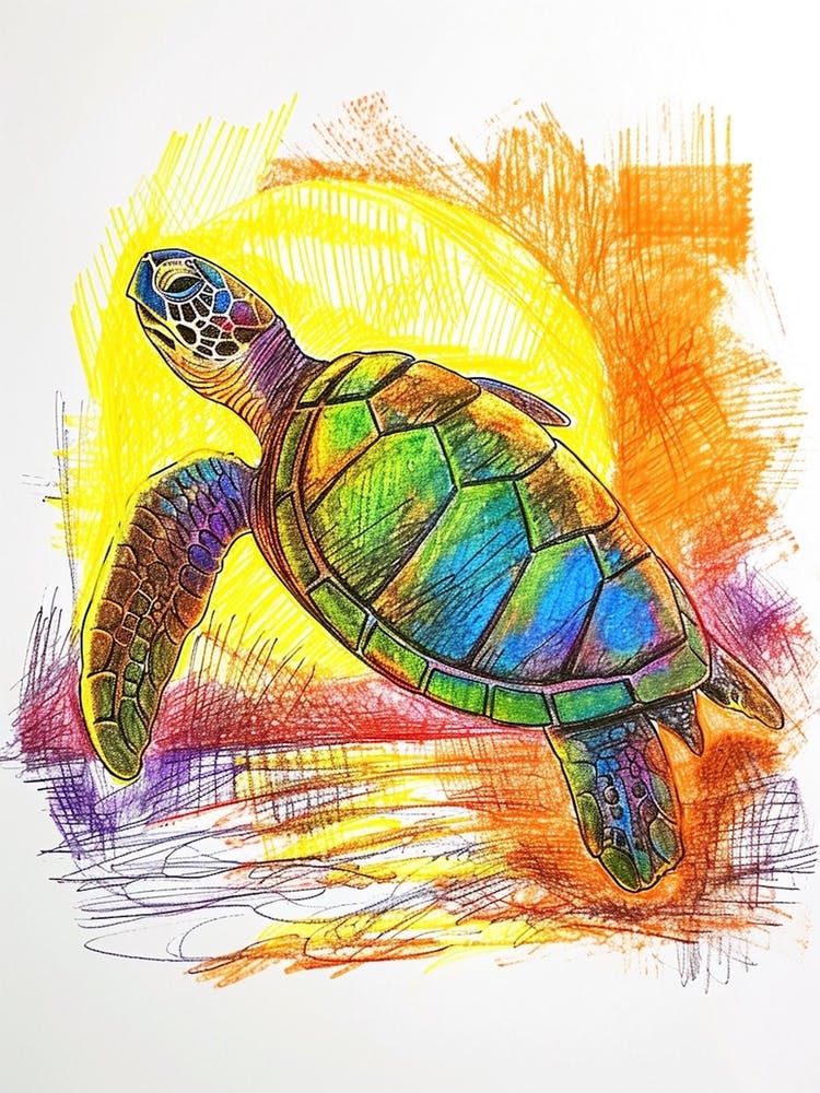 Tortue marine au coucher du soleil - Gribouillis