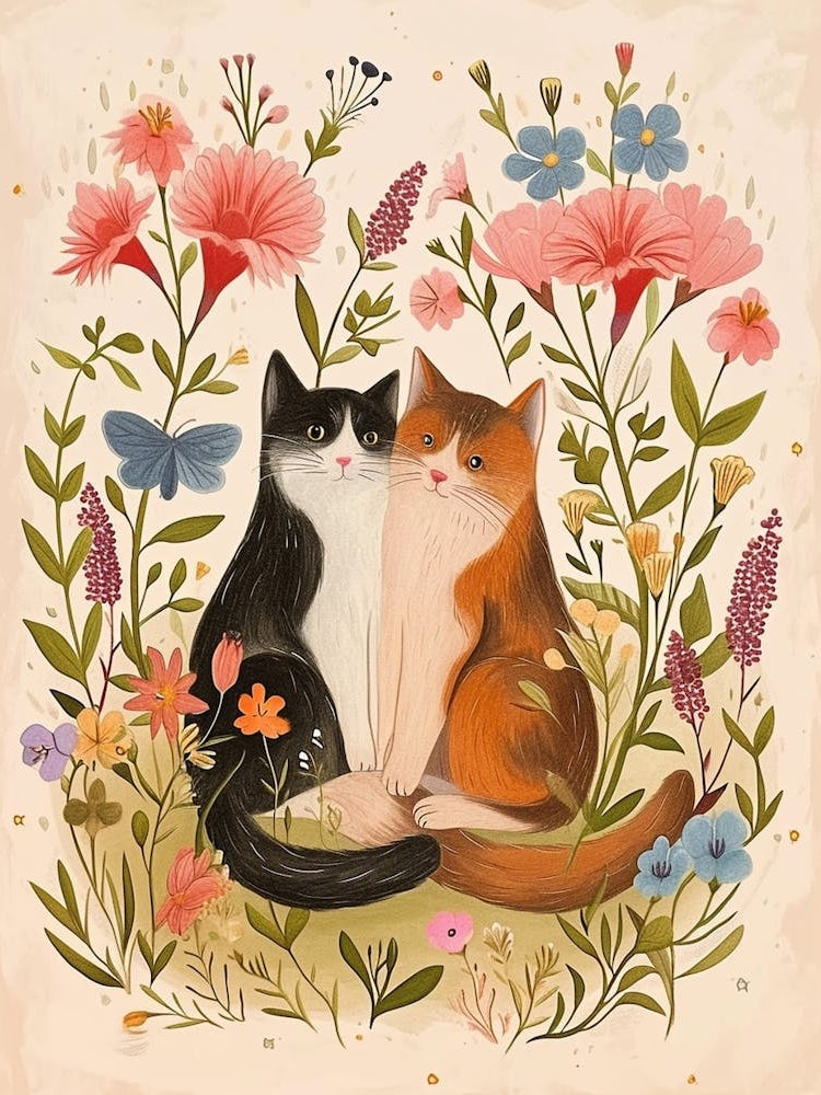 Folksy Floral Animal Drawing Cat 10