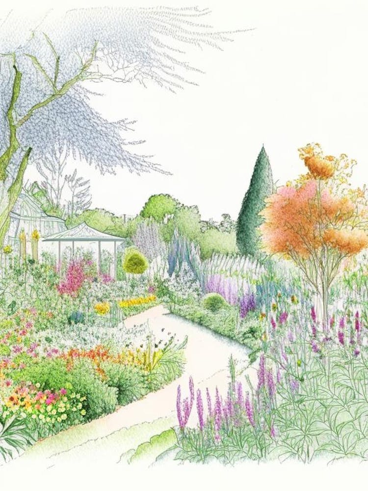 Giverny Gardens, France Vintage Pencil Drawing