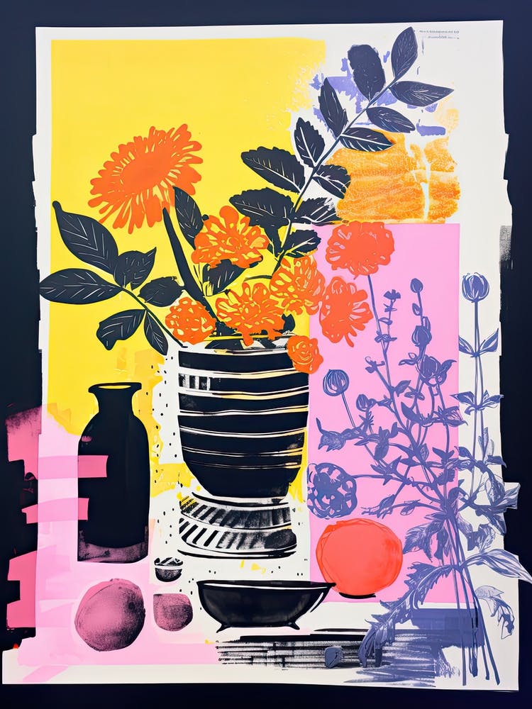 Nature Morte Florale Colorée Style Risographe 30