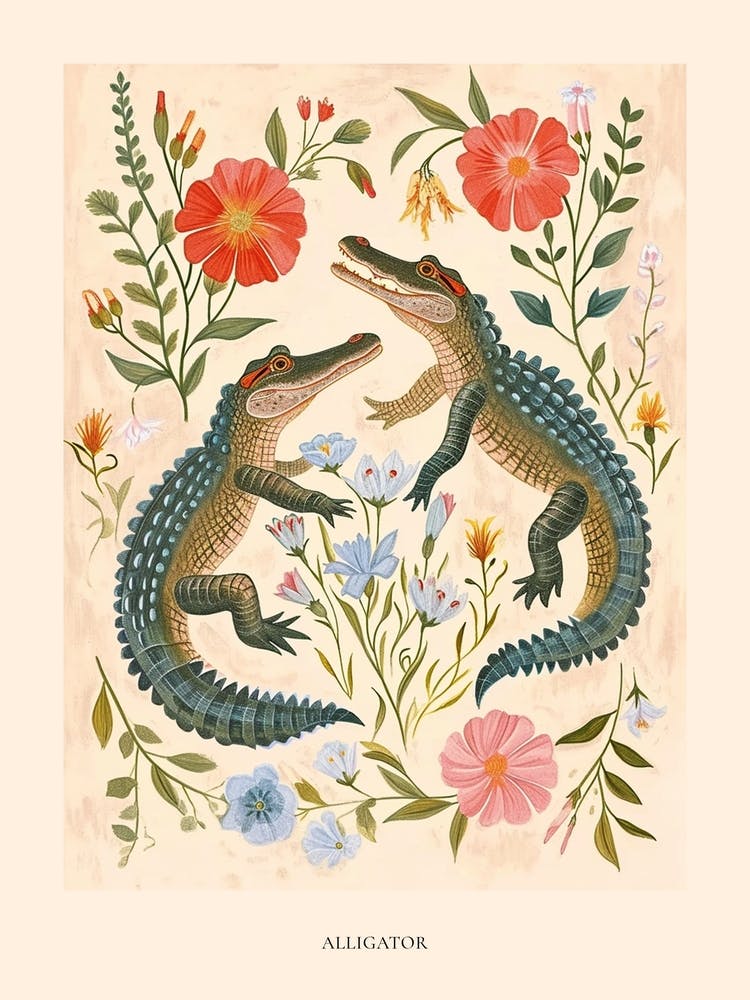 Folksy Floral Animal Drawing Alligator Poster