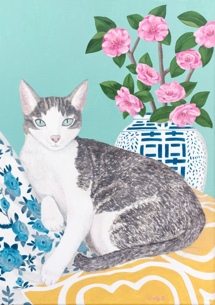 Cat With Cushions And Chinoiserie Vase
